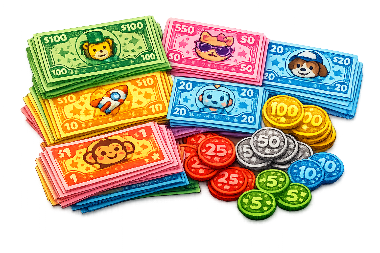 Colorful play money and coins