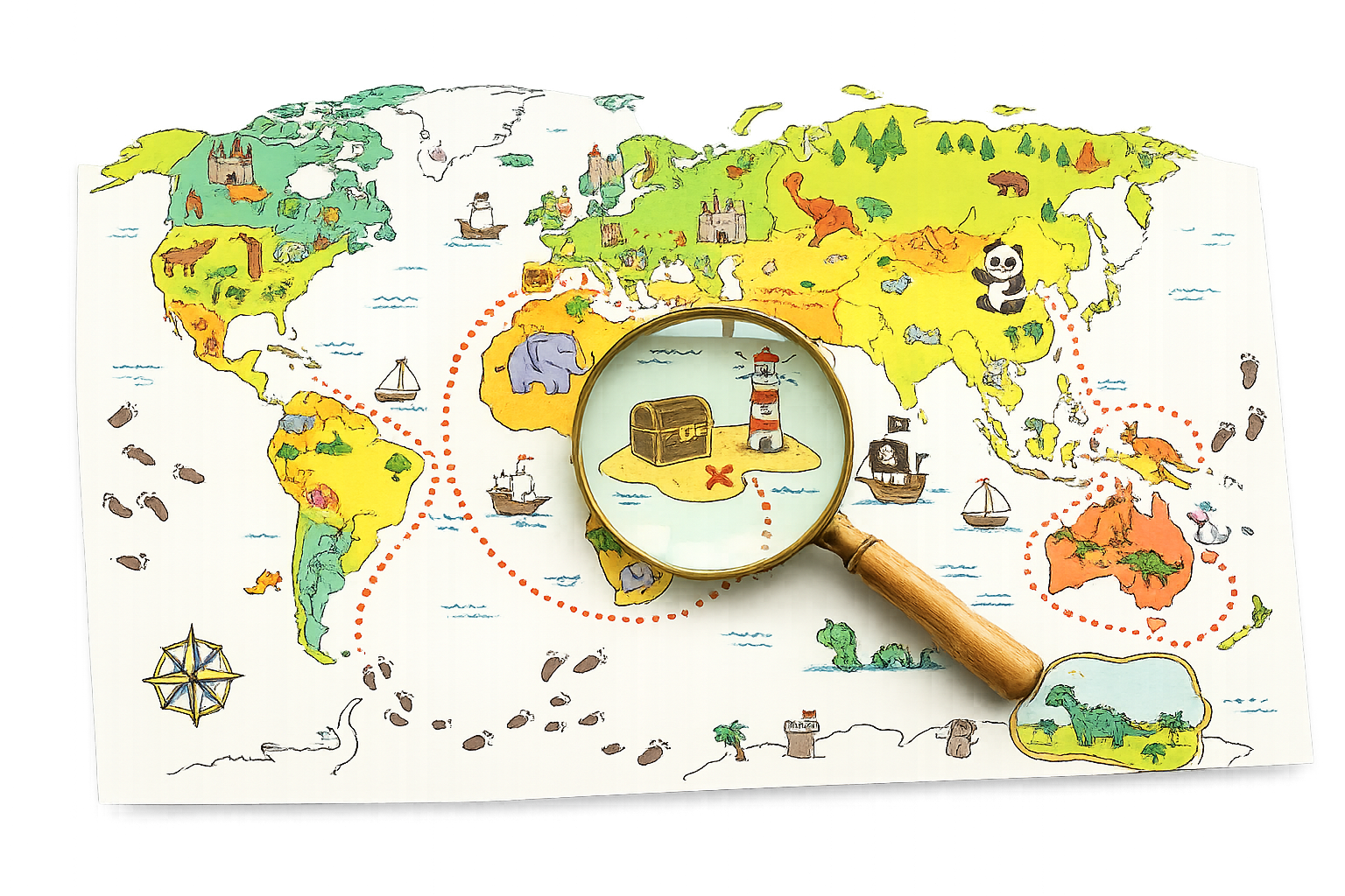 Illustrated world map with animals and a magnifying glass