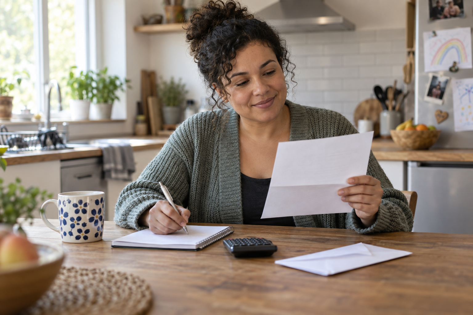 A hand writing on a form beside a mug and calculator
