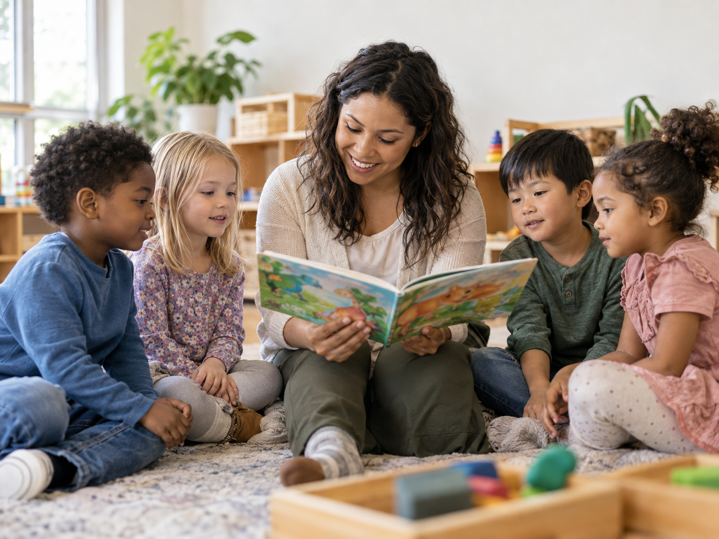 Childcare teacher reading a picture book to young children
