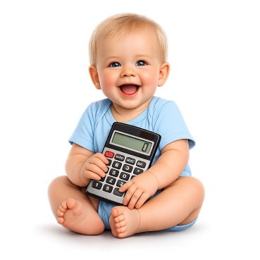 Smiling baby holding a calculator