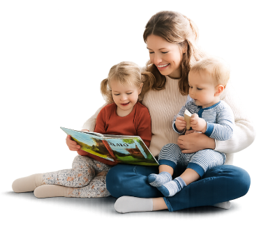 Mother reading a picture book with her two young children